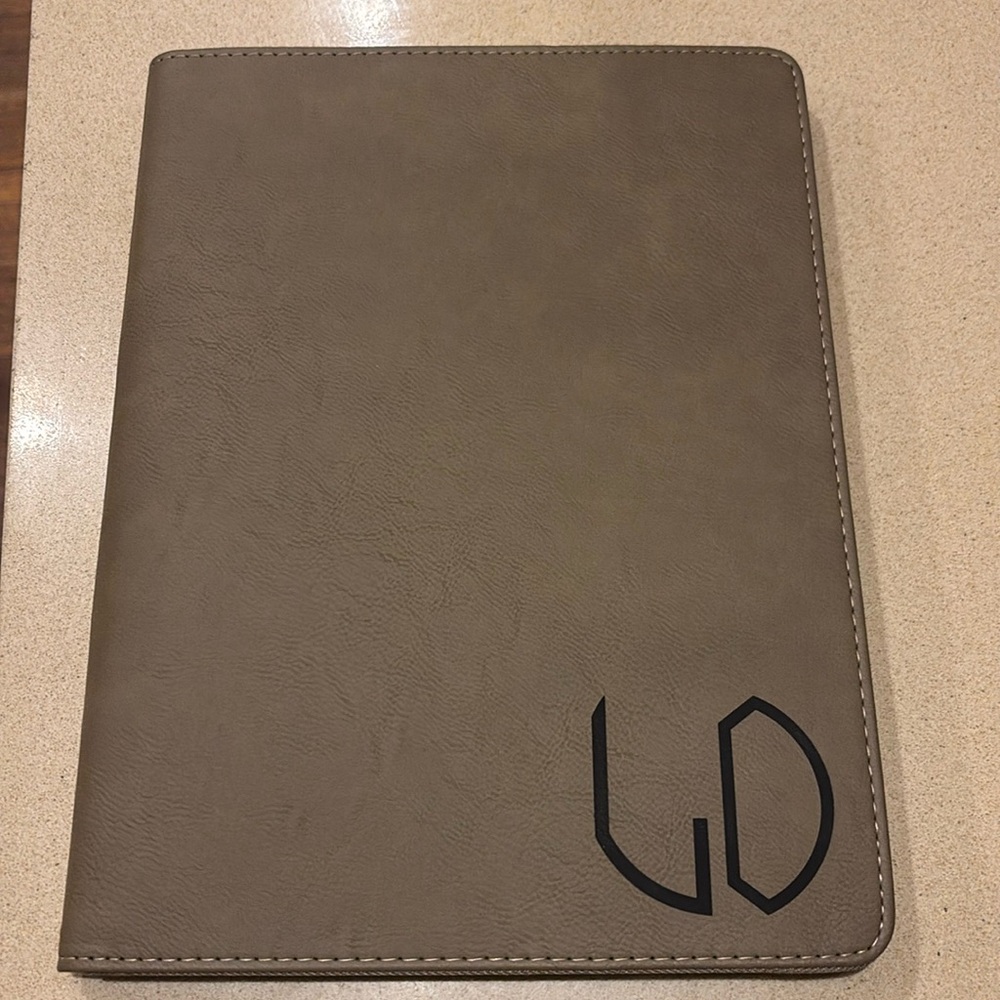 Gray leather notepad holder - NWOT- initial “LO”